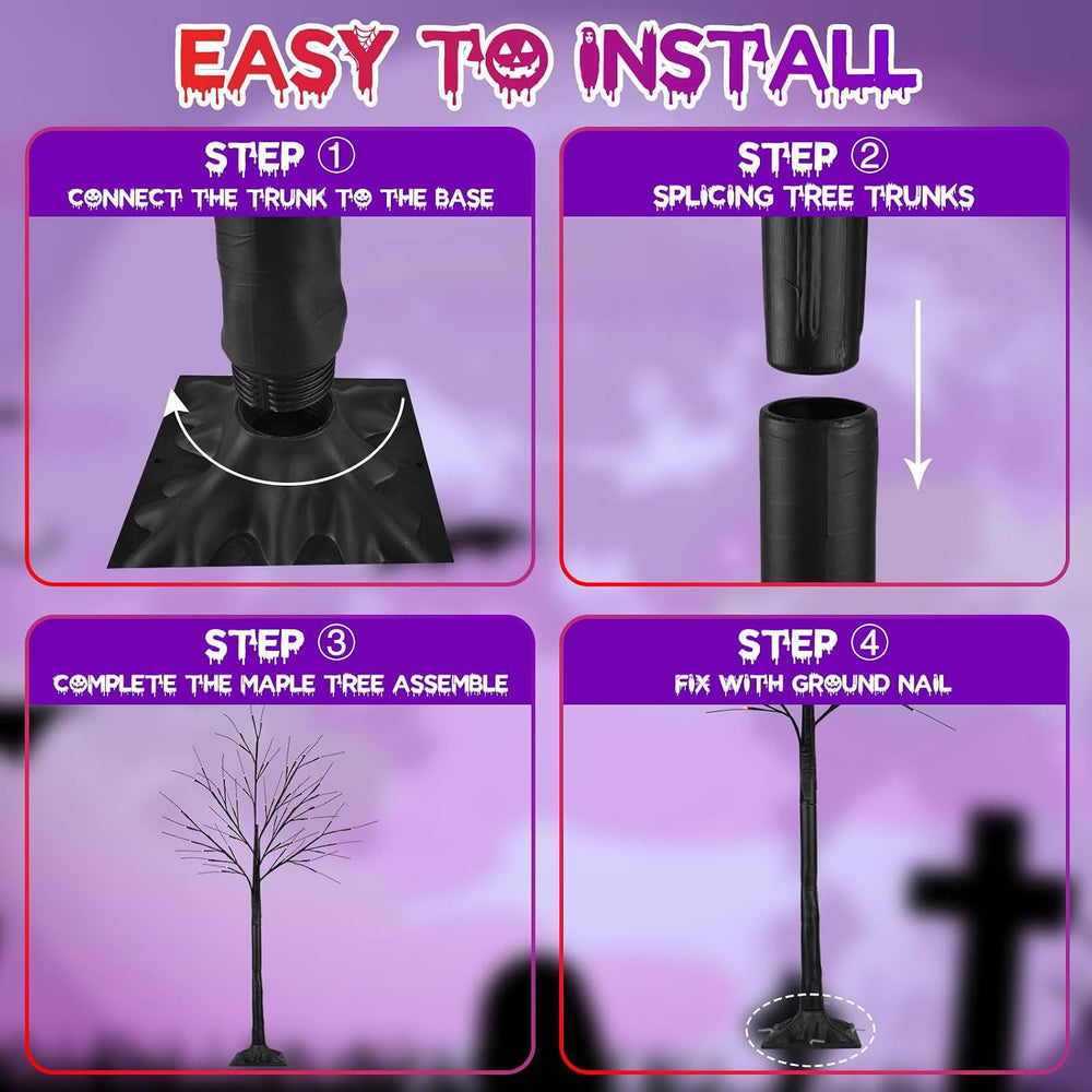 2 Pack 4FT Halloween Lighted Black Tree with 100 LED Orange & Purple Lights
