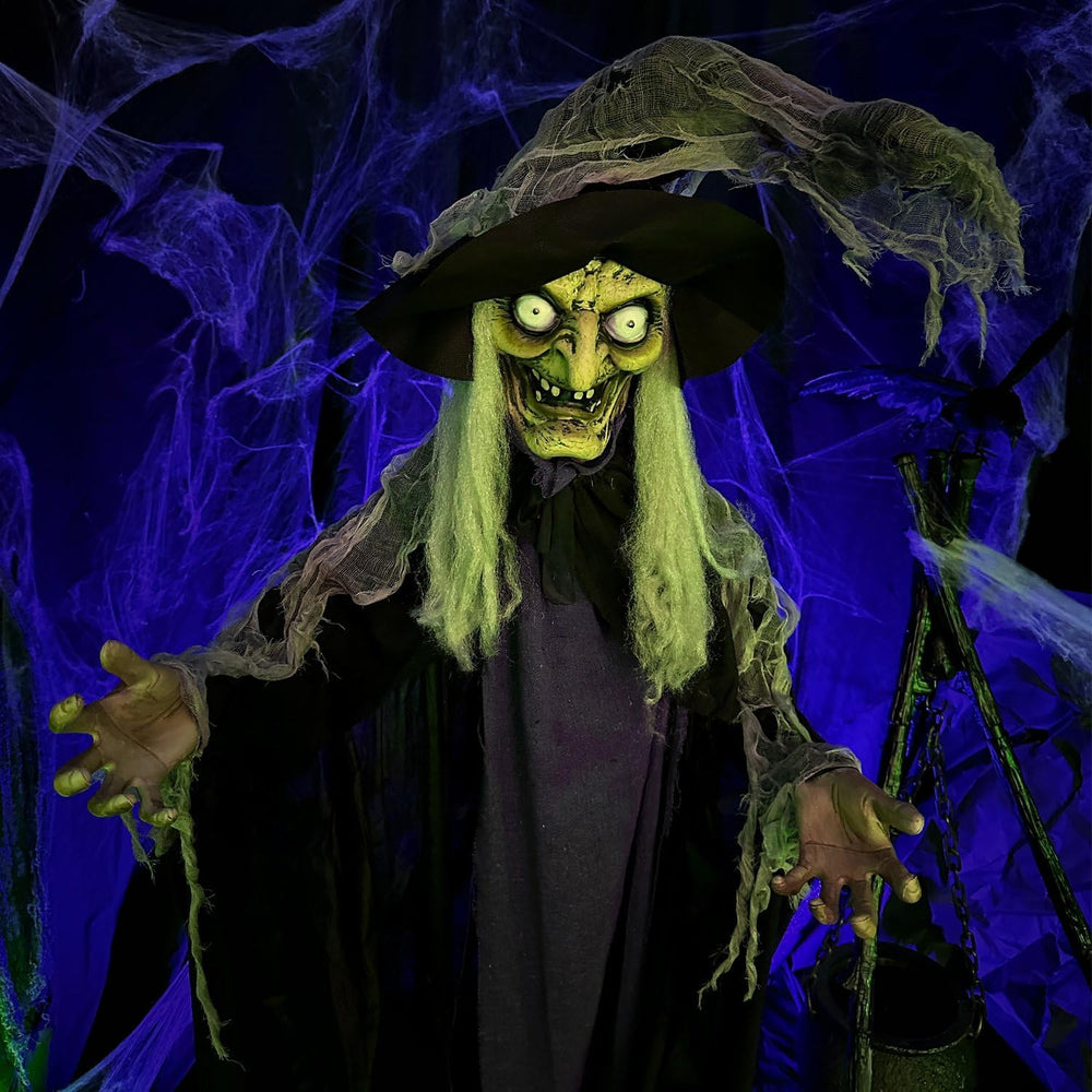 Haunted Hill Farm Life-Size Poseable Scary Talking Witch, Halloween Animatron...