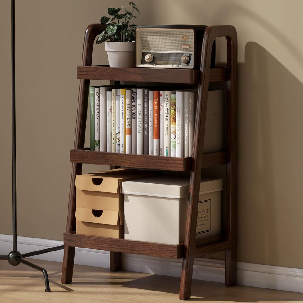 Solid Oak Small Bookshelf, 3 Tier Ladder Shelf Walnut Bookcase | Ladder books...