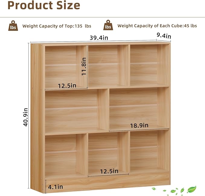 LEYAOYAO 8 Cube Bookshelf with Base,3 Tier Mid-Century Modern Natural Bookcas...