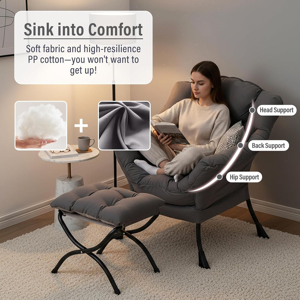 Furlide Lazy Chair with Ottoman, Modern Chair with Folding Footrest, Dark Gre...