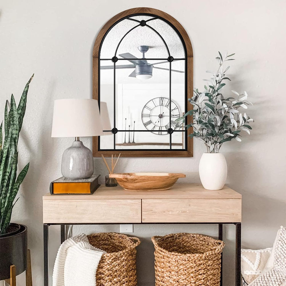blue page Arched Wall Mirror 36x24 Inch Farmhouse Wood Frame, Dot Brown