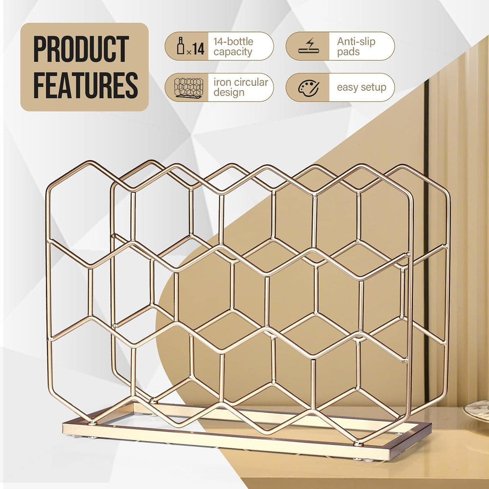 Countertop Wine Rack - 14 Bottle Freestanding Modern Gold Metal Small Wine Ra...