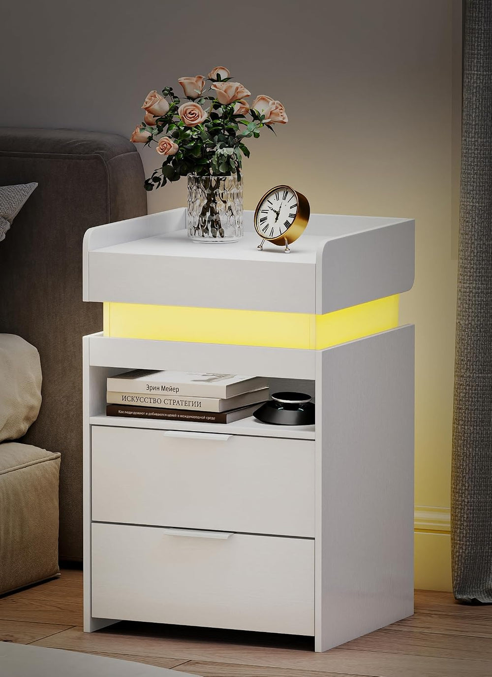 Turosur White Nightstand with Charging Station and LED Lights, Modern Beside ...