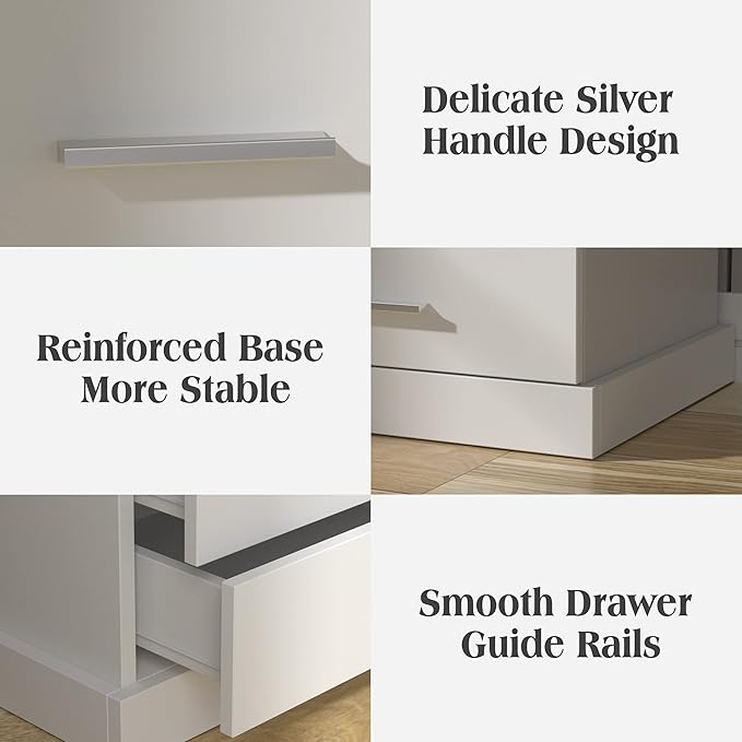 Nightstand with Charging Station, LED Lights Side Table with 3 Drawers, End T...