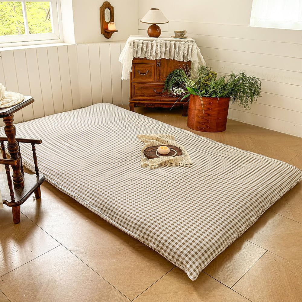 Tan Gingham Queen Japanese Floor Mattress Futon Cover for 3-4" Thick Pad