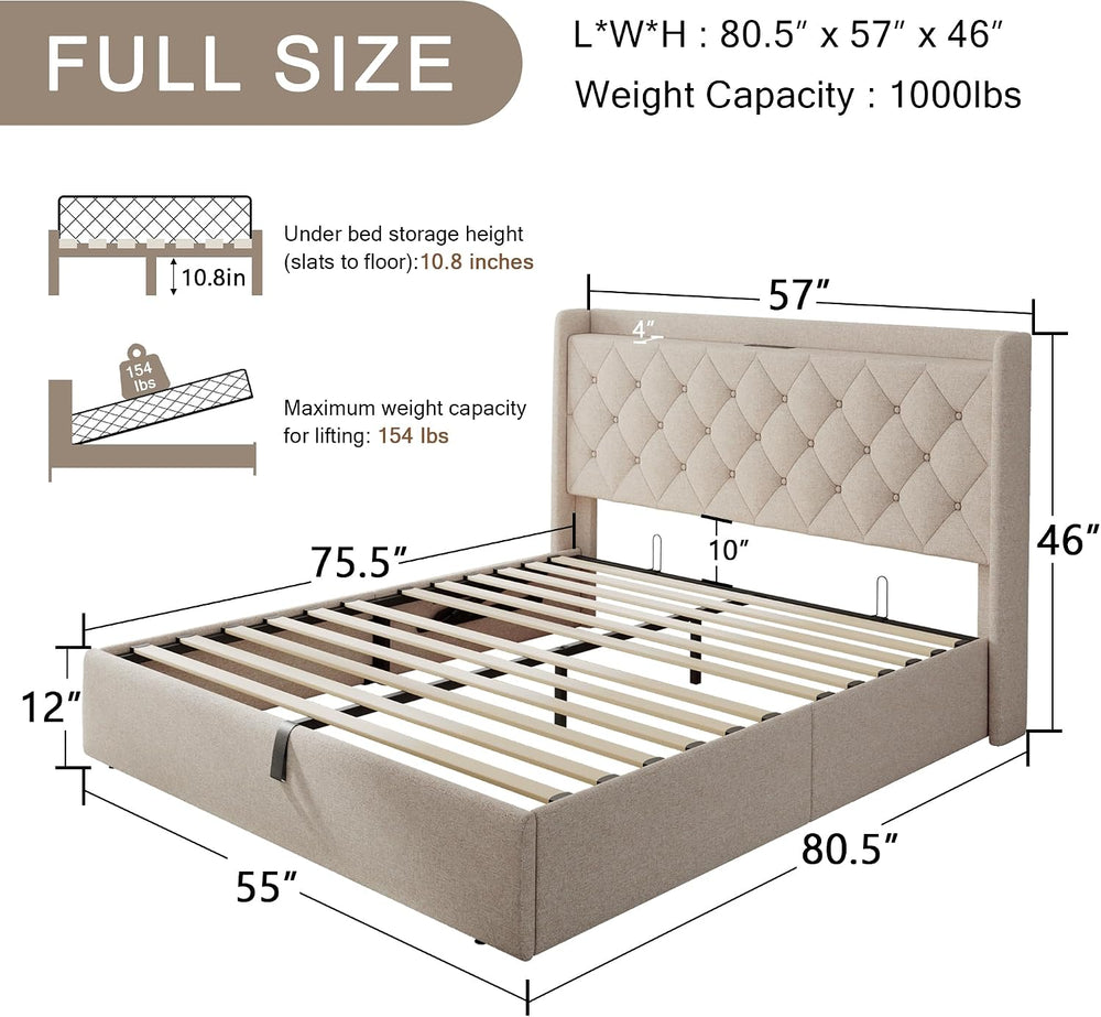 Einhomn Full Lift Up Storage Bed Frame with Charging Station, Upholstered Bed...