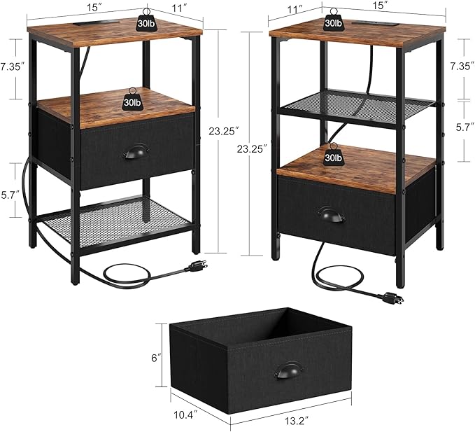 Sthmec Nightstands Set of 2, LED Bedside Tables with Charging Station and Fab...