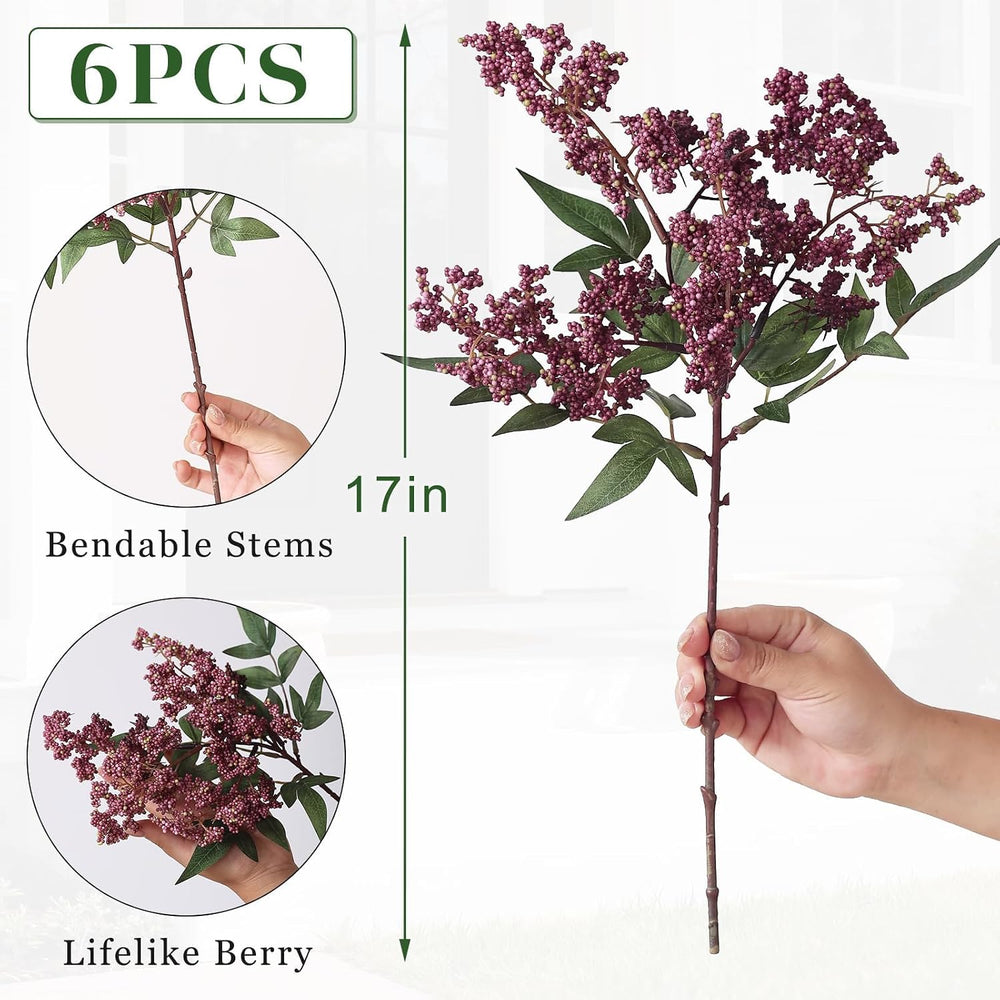 6Pcs 17"Lifelike Artificial Nandina Berry Stems for Vase Decor(Dusty Plum)