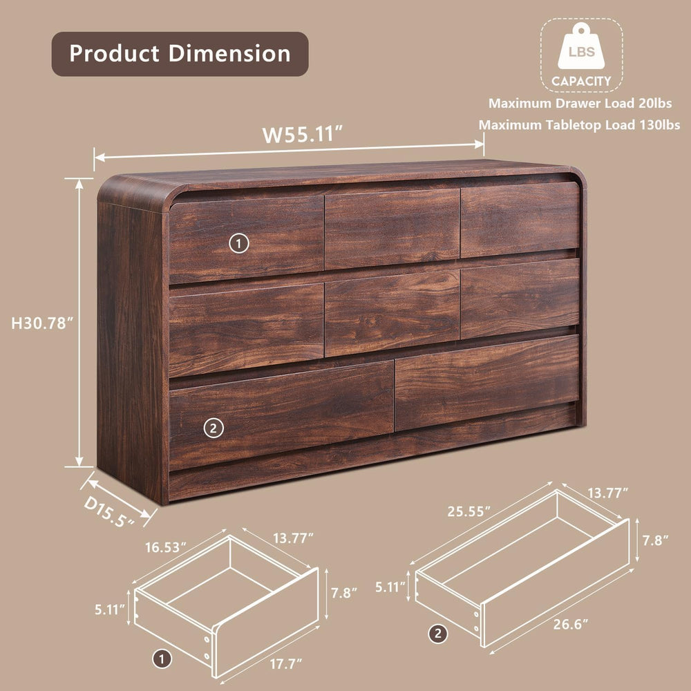 Aitjunz Modern 8 Drawers Dresser for Bedroom, 55" Wide Wood Dressers, Brown