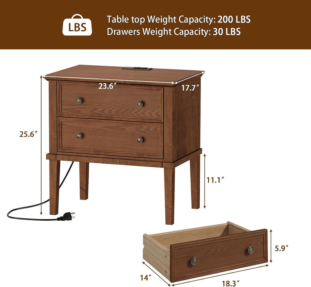 IKENO Solid Wood Nightstand with Charging Station, Farmhouse End Table with 2...