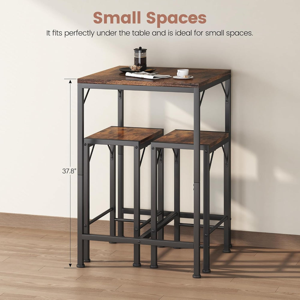Homeiju Bar Table and Chairs Set, Square Bar Table with 2 Stools, Space-Savin...