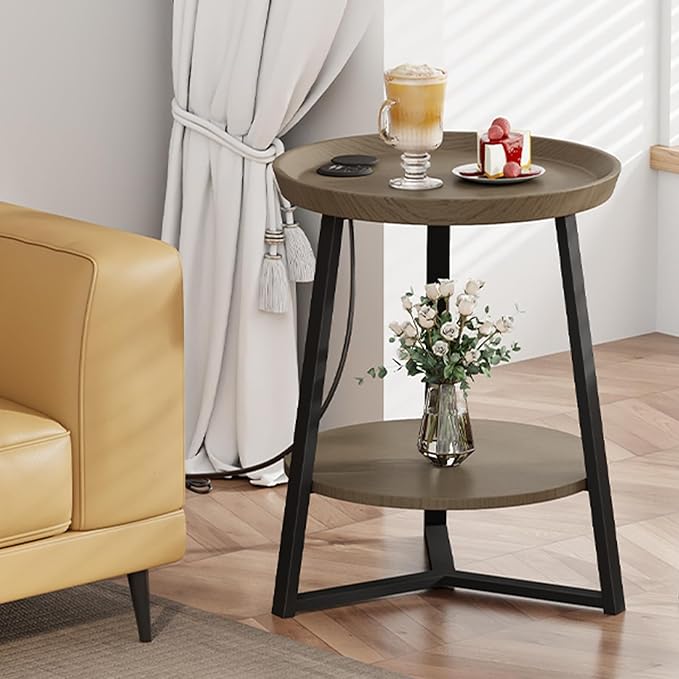 Gadroad Round End Table with Charging Station, USB Ports, Wood Tabletop &...