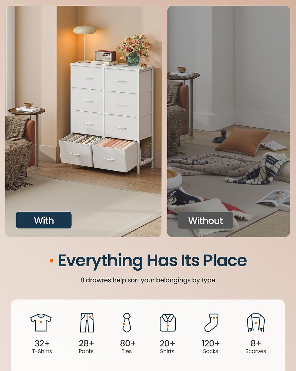 SONGMICS HOME 8 Drawer Dresser for Bedroom, Fabric Chest of Drawers