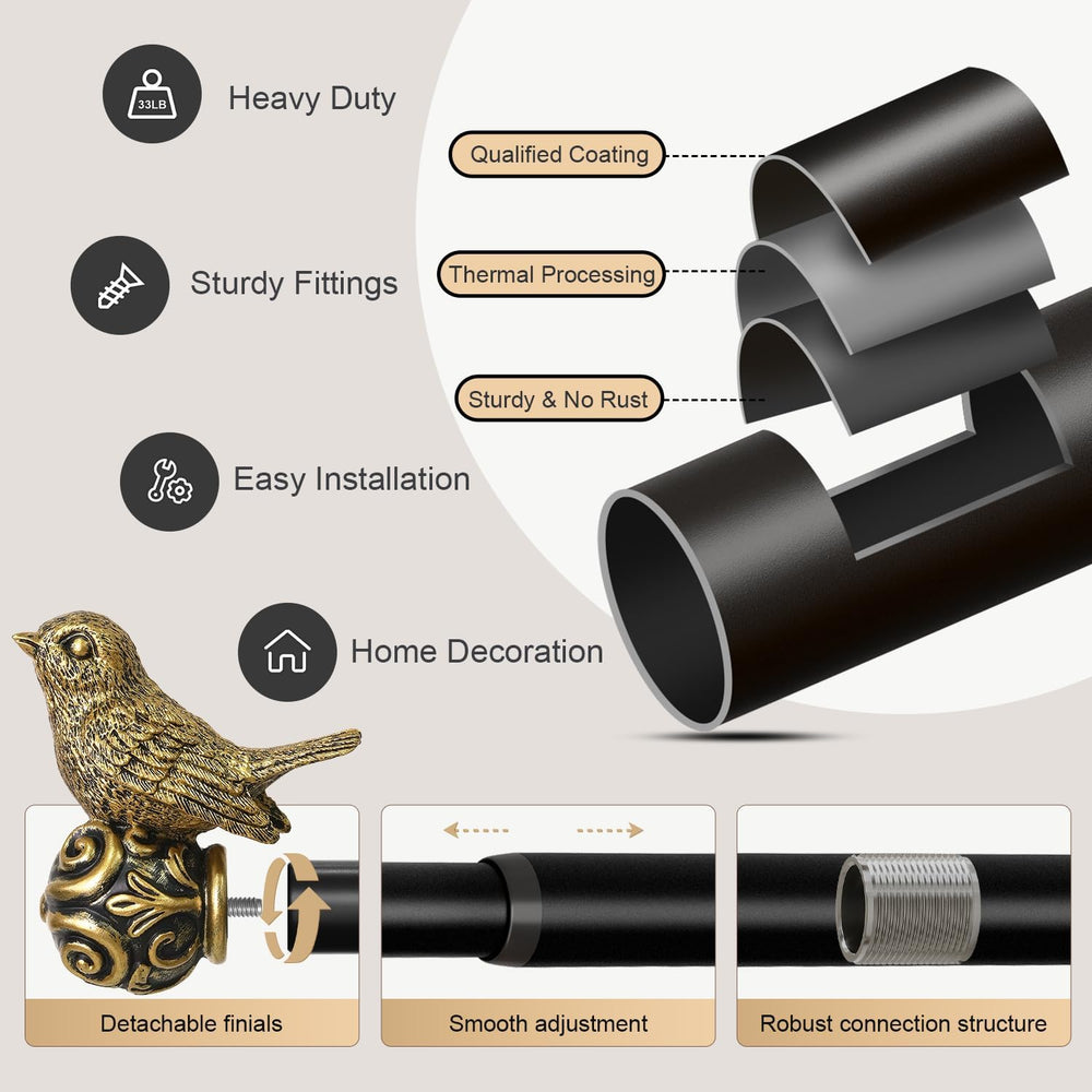 Black Bird Curtain Rods for Windows 48-84 Inch Adjustable Decorative