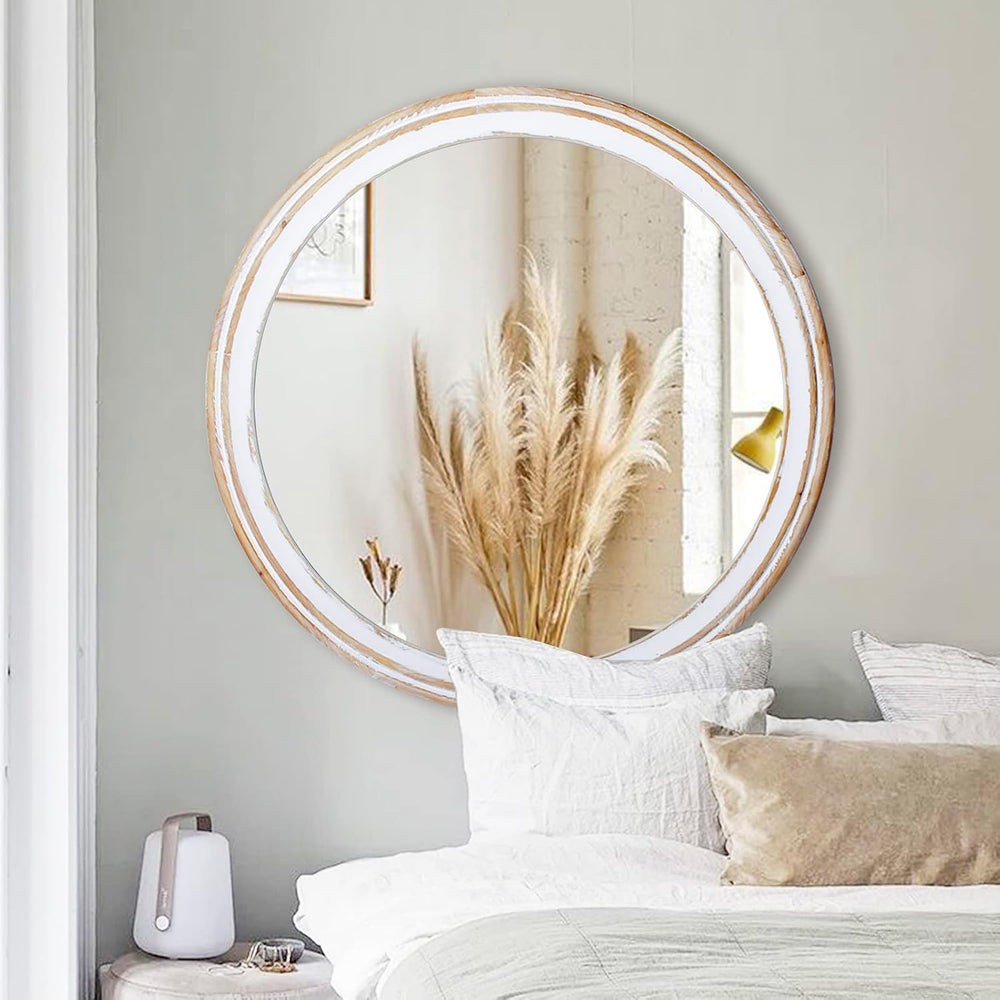 30 Inch Farmhouse Round Wall Mirror, Rustic Wood Decorative Circle Mirrors