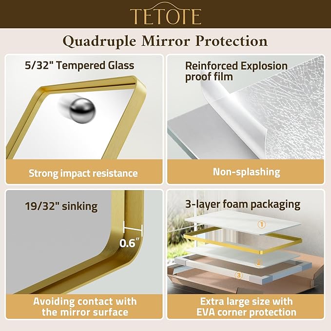 TETOTE Brushed Gold Bathroom Mirror 30 x 30 Gold Metal Framed Bathroom Mirror...