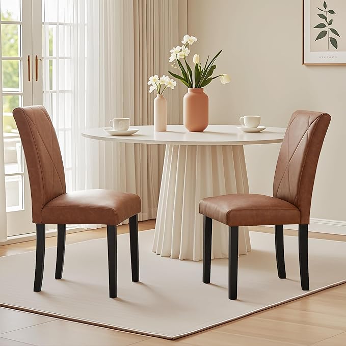 VECELO Upholstered Dining Chairs Set of 2, Modern PU Leather and Solid Wood L...