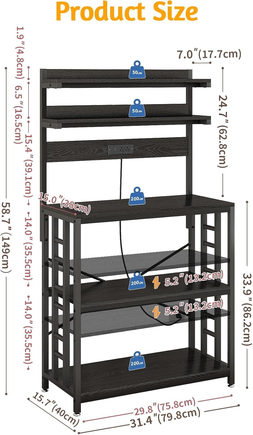 Baker's Rack with Power Outlet, 5-Tier Microwave Stand with Storage, Blac...