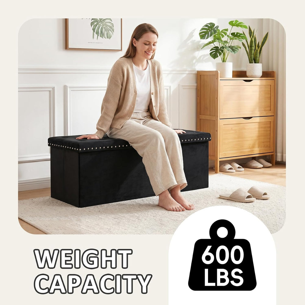 PINPLUS Folding Storage Ottoman Bench, Black Velvet | Large Storage Chest wit...