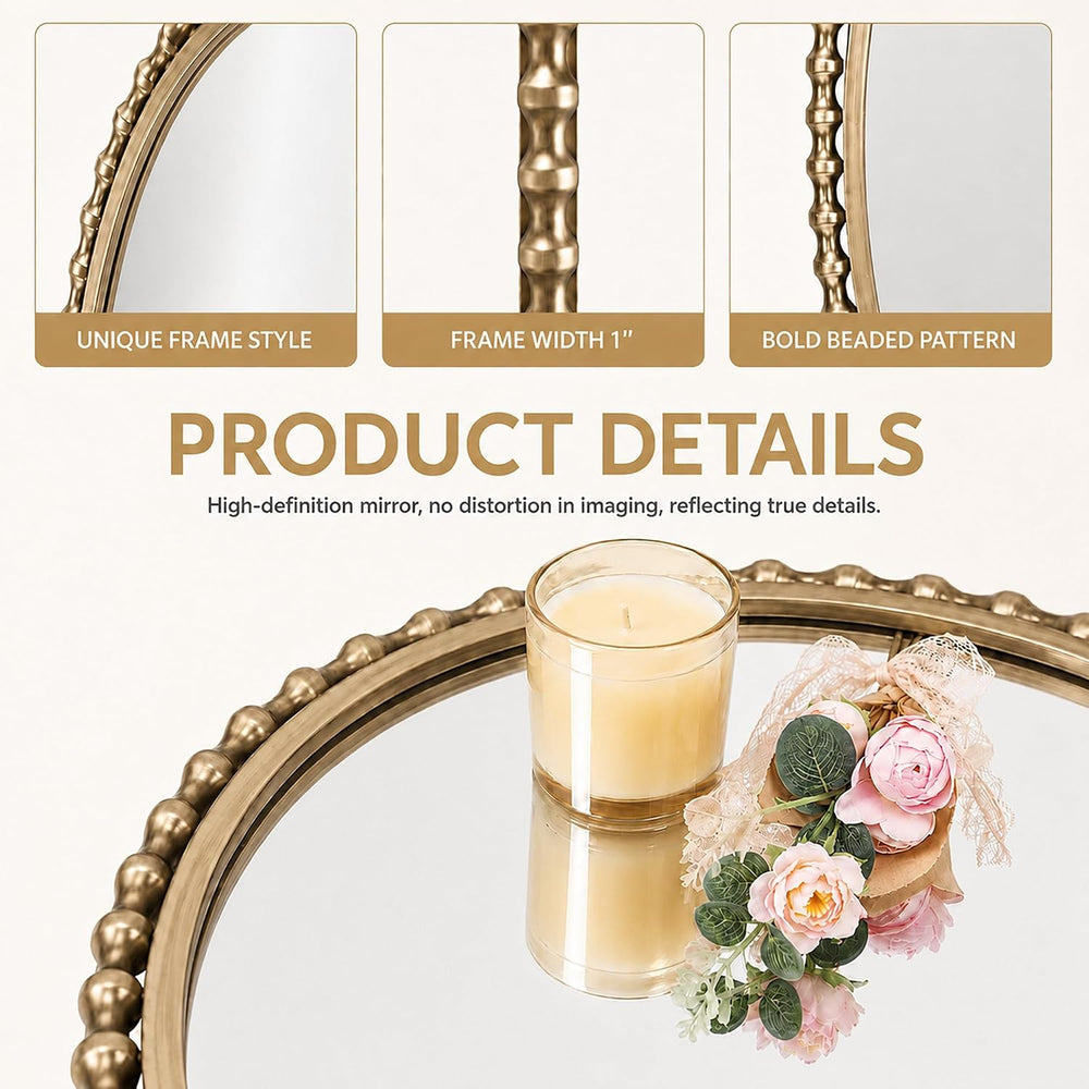 24"x36" Oval Wall Mirror, Antique Gold Bold Beaded Frame