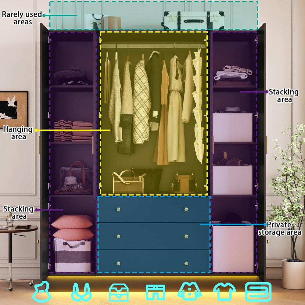 75” Tall Wardrobe Closet with 4 Doors & 3 Drawers, Modern Armoire with Mi...