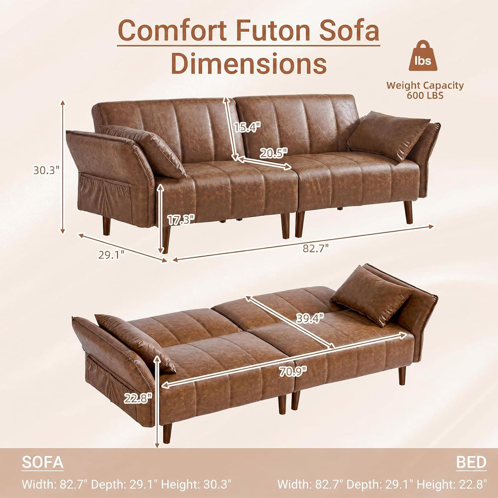 83" Mid Century Modern Futon Sofa Bed, Brown Faux Leather Couch