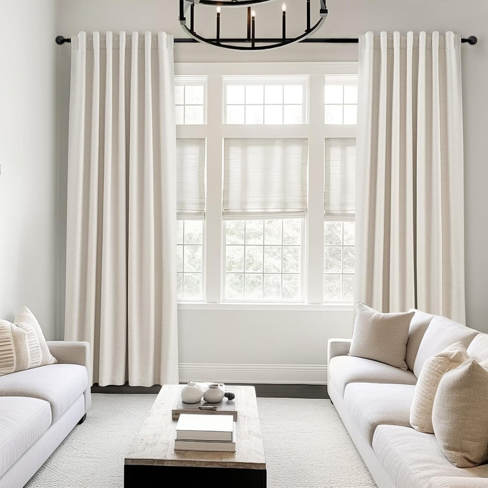 Topfinel Linen Blackout Curtains 96 Inch Long, Boho Farmhouse Ivory Birch Vir...