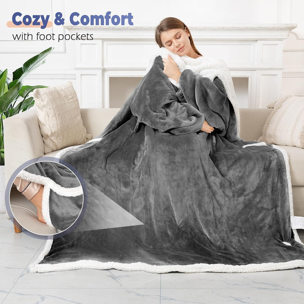 Wearable Heated Blanket with Foot Pocket, Electric Wearable Throw Blanket wit...