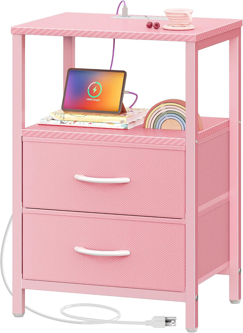 Huuger Nightstand with Charging Station, Side Table with Fabric Drawers, End ...