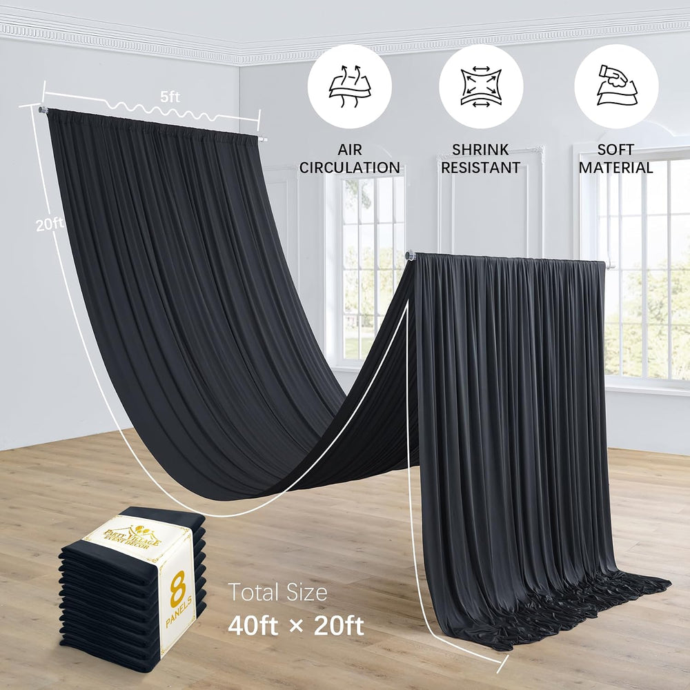 8 Panels 5ft(W) x 20ft(L) Black Ceiling Drapes for Halloween Parties