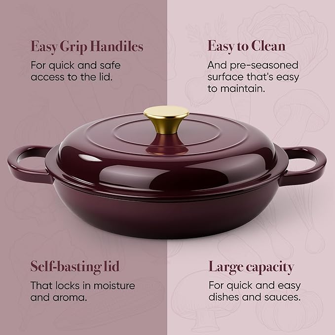 3 Quart Enameled Cast Iron Braiser, Non Stick Enameled Cast Iron Skillet