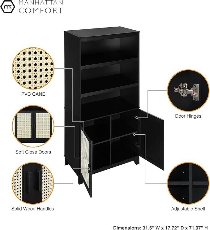 Manhattan Comfort Sheridan Modern Cane Bookcase with Adjustable Open Shelves,...