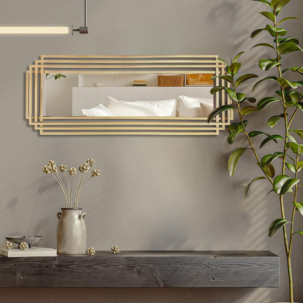 42"x16" Rectangle Decorative Mirror with Gold Geometric Frame