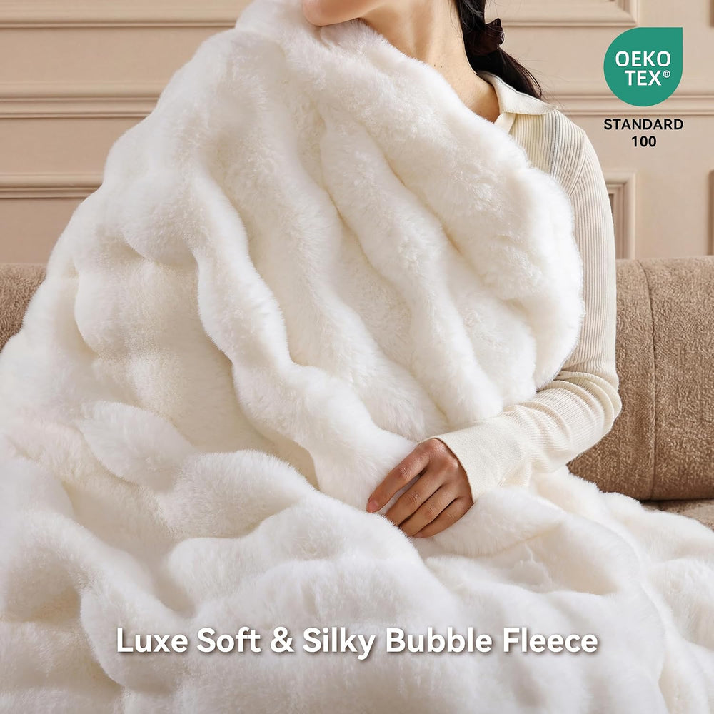 Smoofy Faux Rabbit Fur Throw for Couch - Cream White Bubble Blanket 50"x...