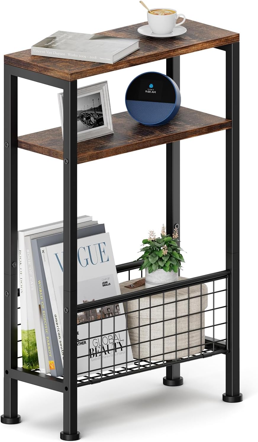 Karii Narrow Side Table, Skinny End Table for Small Spaces with Storage, 3-Ti...