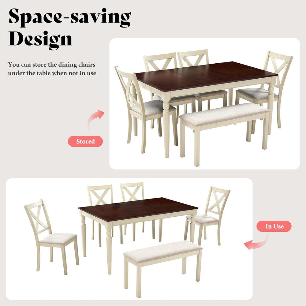 AMERLIFE 6-Piece Farmhouse Dining Table Set for 6-7, 60" Solid Wood Kitc...