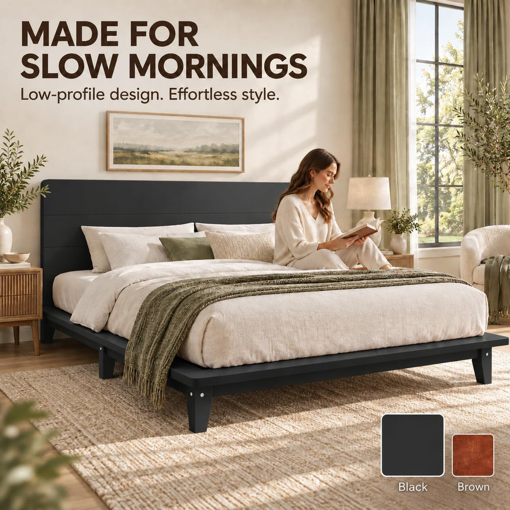 Full Size Japanese Wooden Bed Frame with Black Headboard