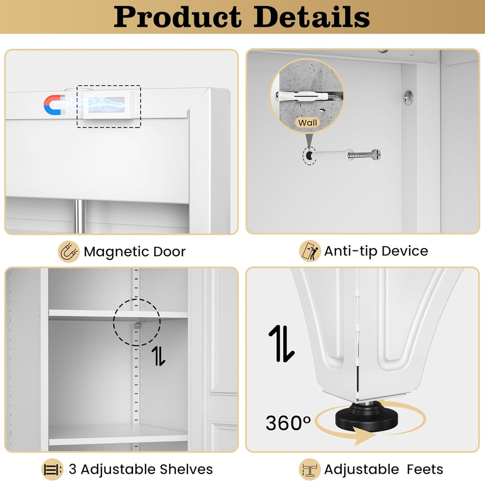 86" Metal Wardrobe Closet with Lock, Tall Armoire, White