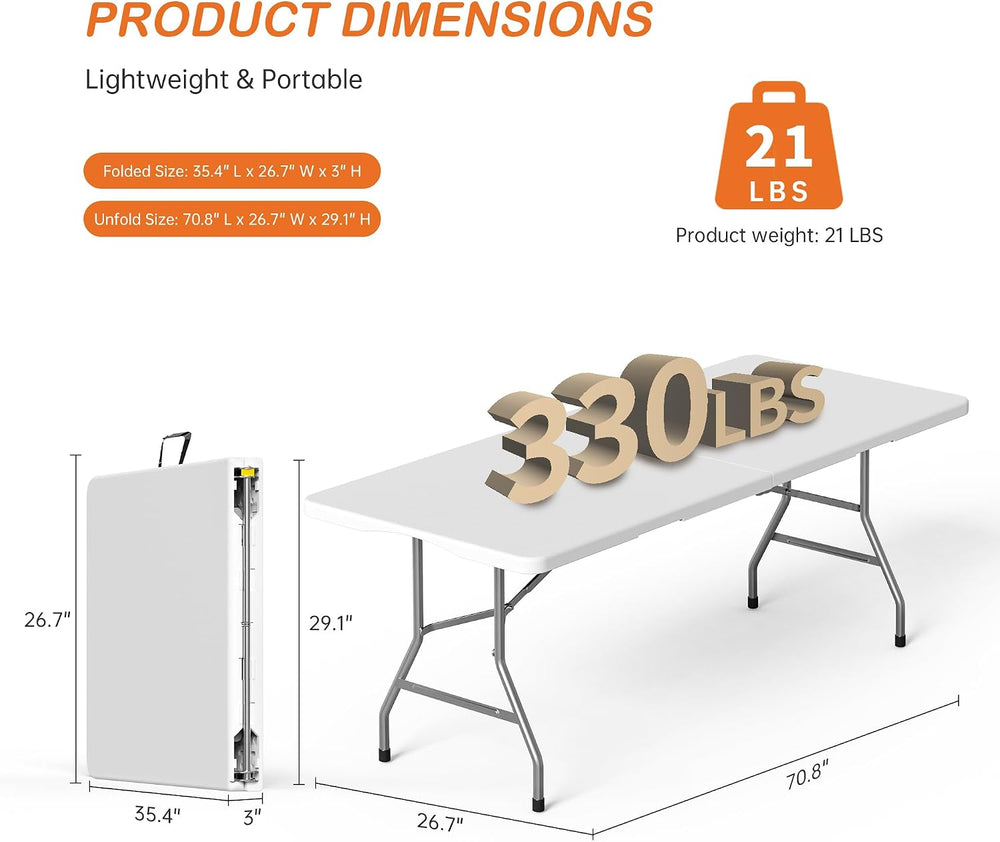 VSOAEIL Set of 2 6 Foot Folding Table for Indoor Outdoor, Portable Heavy Duty...