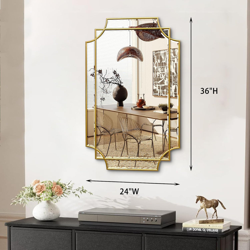 Gold Mirror for Wall, 36x24 Gold Wood Framed, Scalloped Beveled Polished Rect...