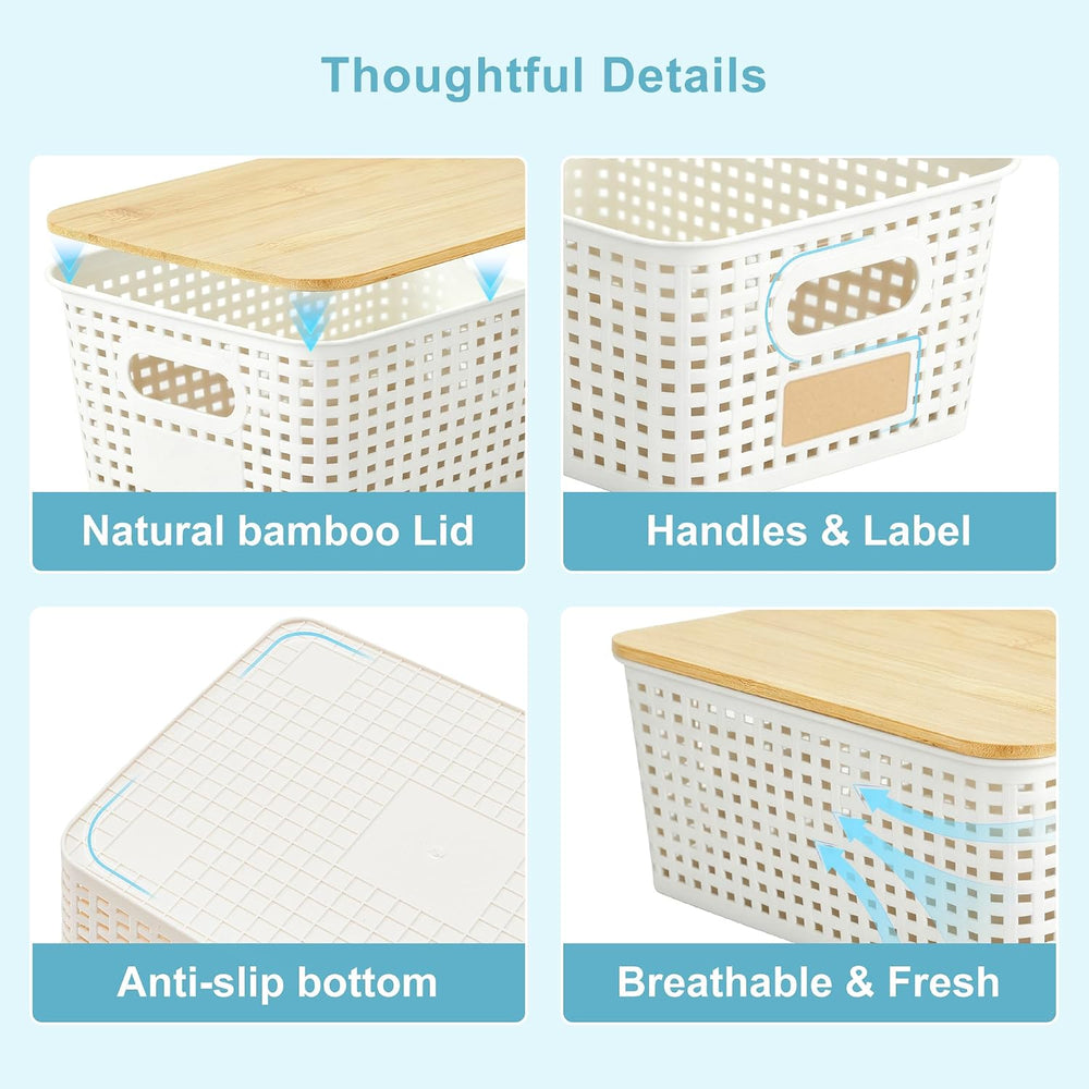 Small Plastic Storage Bins with Bamboo Lids 5.2qt Stackable Box Basket Pantry...