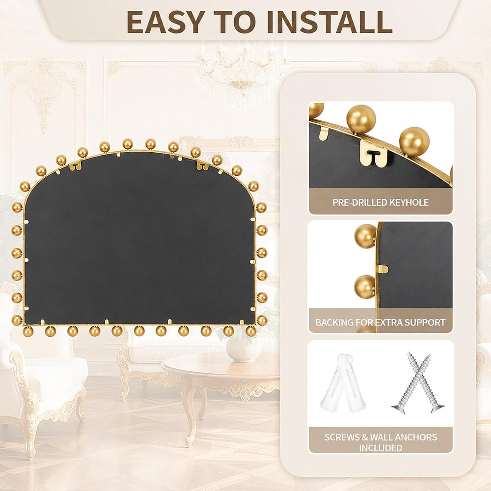 36"x28" Wide Arch Wall Mirror, Antique Gold Ball Frame for Mantel