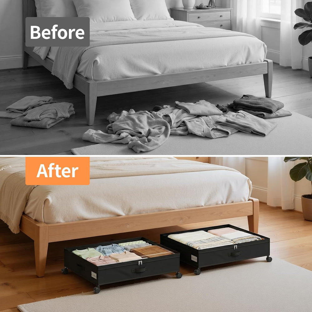 Yecaye 80L Large Under Bed Storage Containers with Wheels, 2 Pack, Black