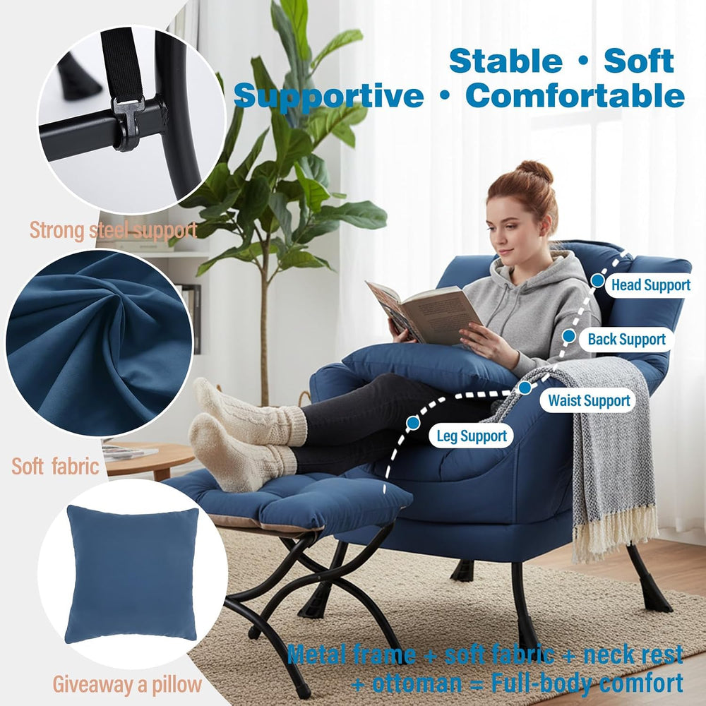 Lazy Chair with Ottoman, Comfy Reading Chair for Bedroom, Blue