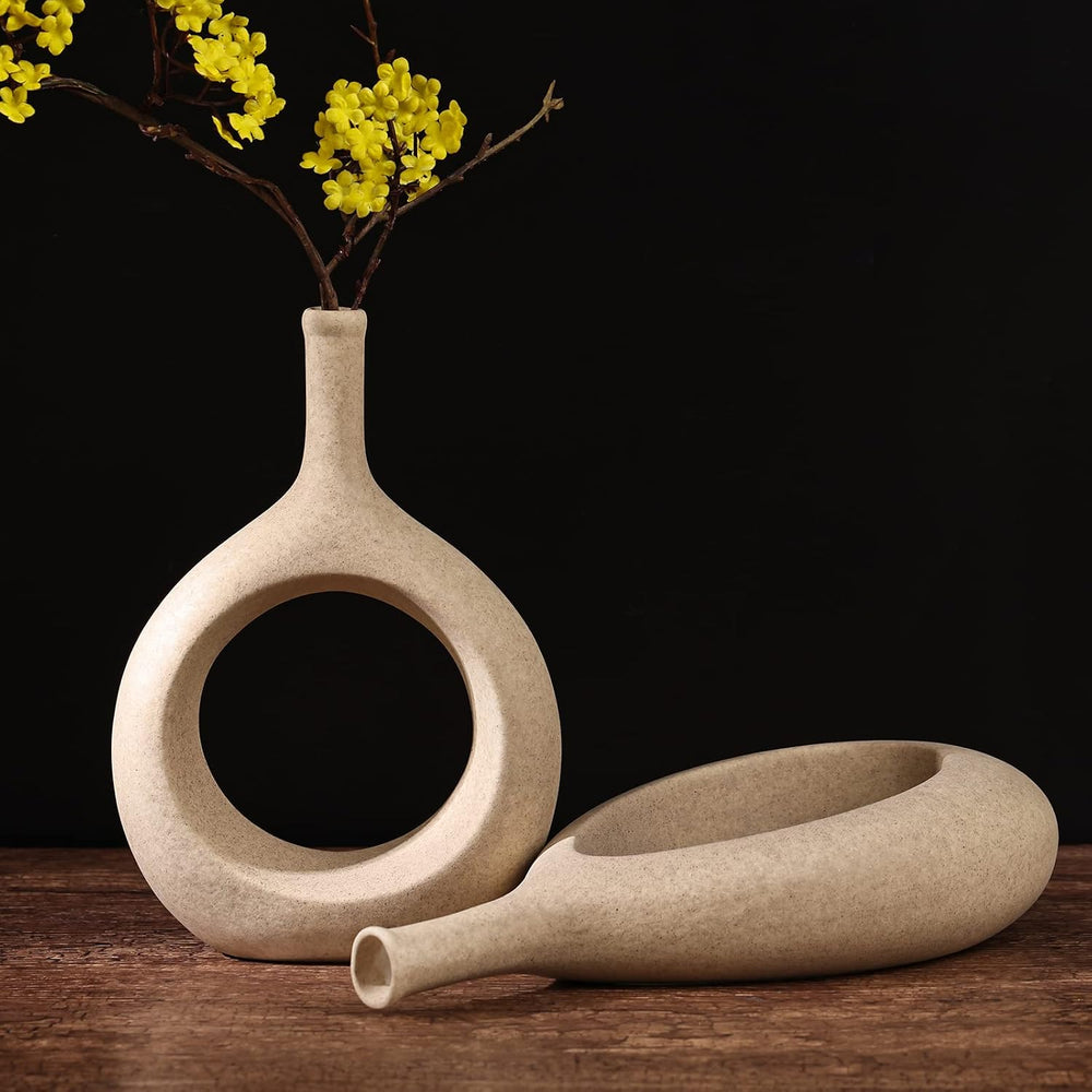 LCCCK Matte Beige Ceramic Vase, Tan Circle Vases with Hole, Neutral Rustic Ce...