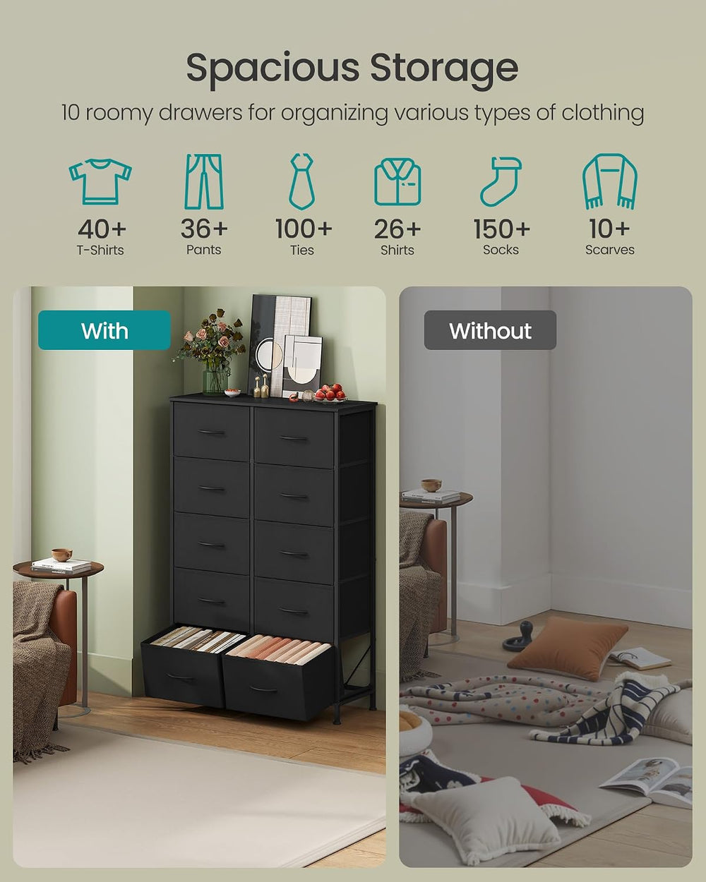 SONGMICS Dresser for Bedroom, Tall Dresser with 10 Fabric Drawers