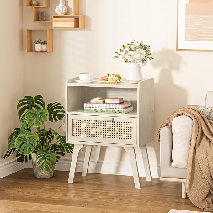 Lerliuo Rattan Nightstand, Side Table with Drawer Open Shelf, Cane Accent Bed...