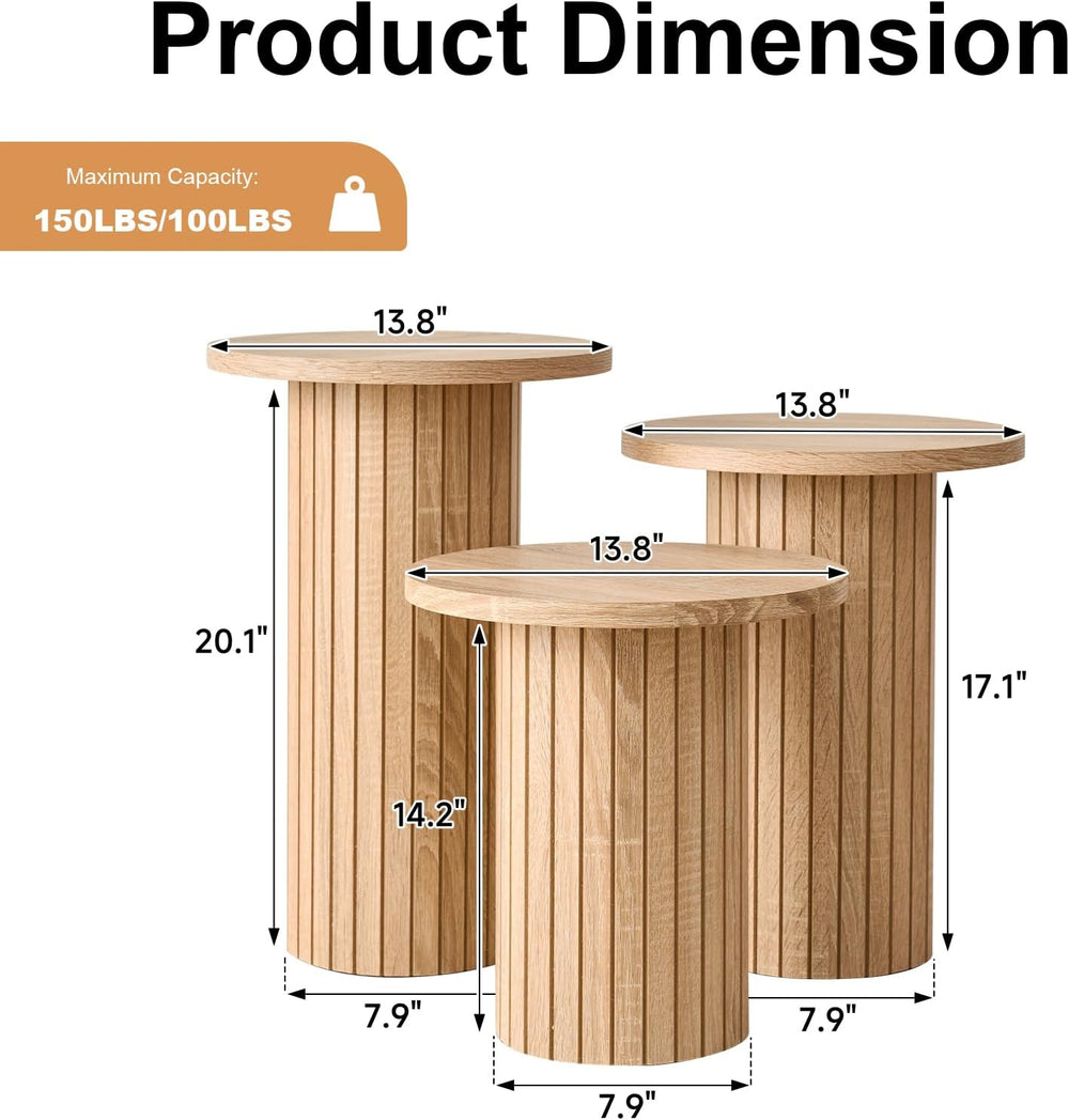 3-Piece Nesting Coffee Table Set, Modern Small Round Wood Side Tables, Fluted...