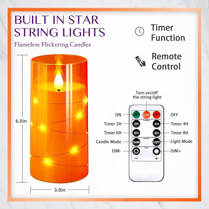 NURADA 3"x6"Flickering Flameless Candles: Built-in Star String Ligh...